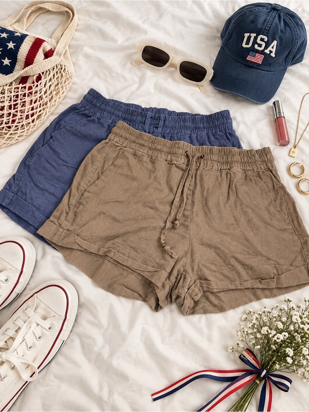 2 Pair Linen Blend Shorts Bundle Size L Blue Taupe Elastic Waist Summer